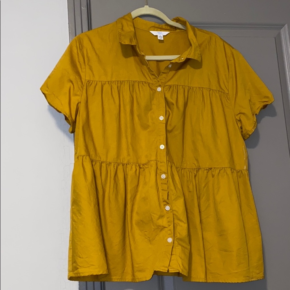 Mustard ruffle short sleeve button down